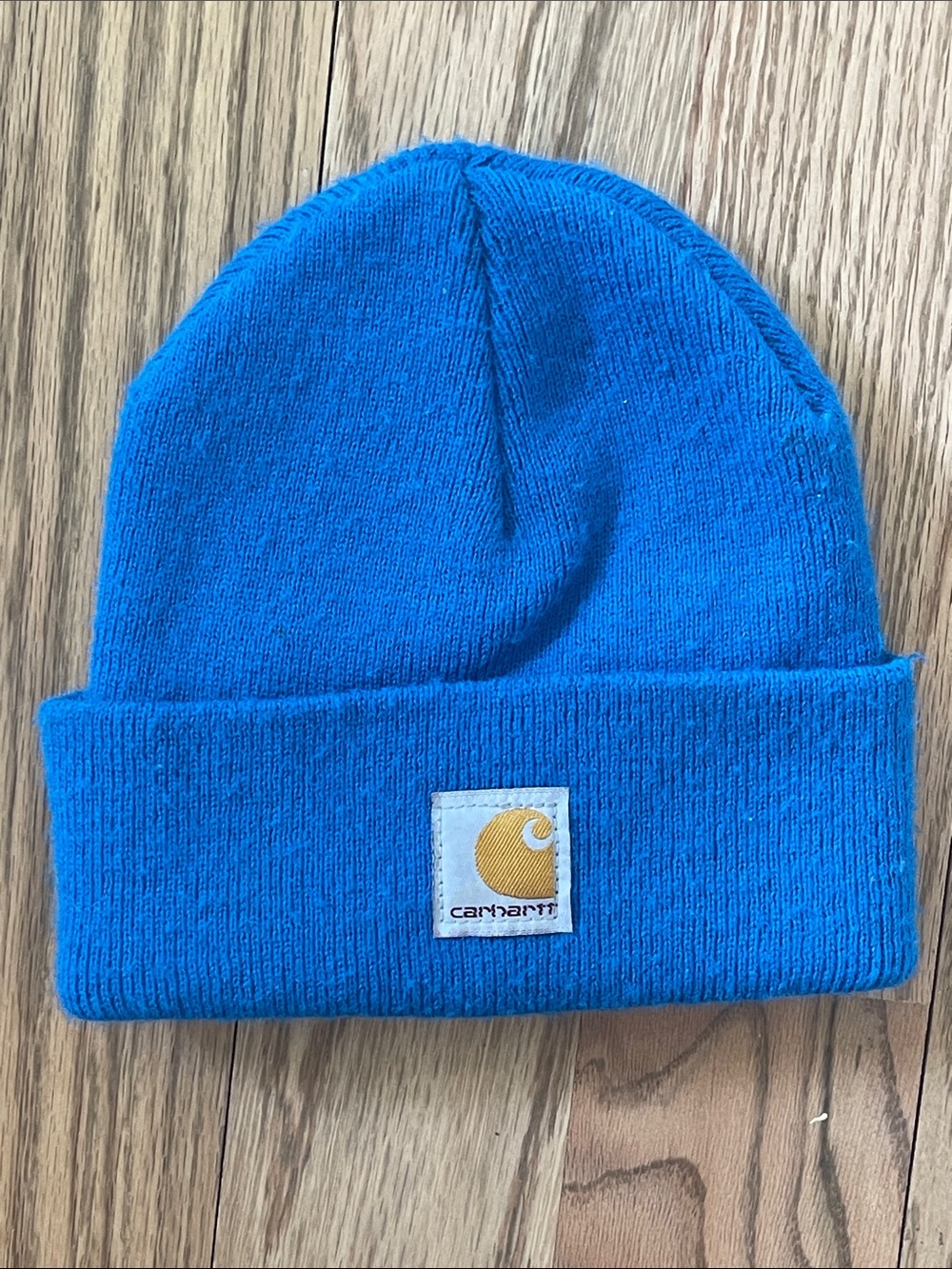 Carhartt Bright Blue Knit Cuffed Beanie with Gold Logo Patch